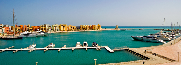 Warm desert ochres and the cobalt blues at Hurghada marina