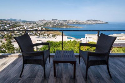 Grand Stone Villa In Bodrum For Sale - Bedroom balcony with sea views