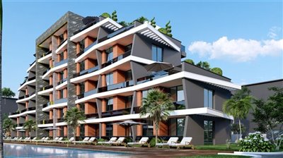 Antalya Off-Plan Apartments For Sale in Altintas - Side view from ground level over pool