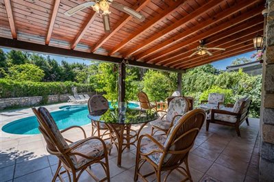 Beautiful Gocek Stone Villa For Sale - Spacious veranda next to pool