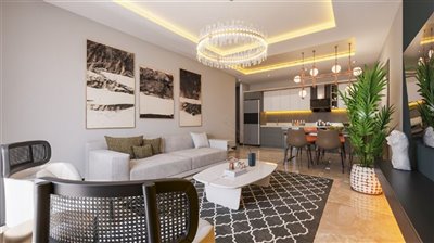 Nearing Completion Modern Two Bedroom Kusadasi Apartments For Sale - Living room to kitchen