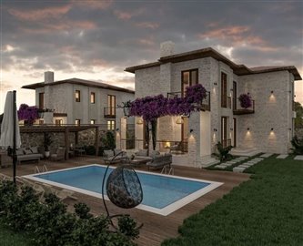 Nearing Completion Detached Stylish Marmaris Duplex Villas For Sale – Villa and gardens at dusk