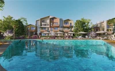 Enchanting Off-Plan Kusadasi Apartments For Sale - Main view of beautiful pool and apartment buildings