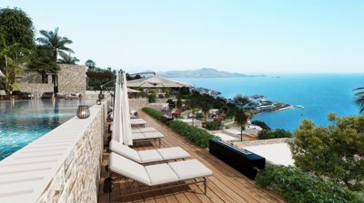 Lavish Yalikavak Apartments and Villas With Private or Shared Pools – Sun terraces surrounding the shared pool