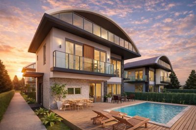 Brand-New Detached Villa For Sale With A Garden & Pool In Antalya - Main view of the villa and pool