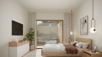 bedroom overlooking the lower level terrace