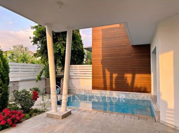 Modern outdoor space with a small pool and wooden accent wall.