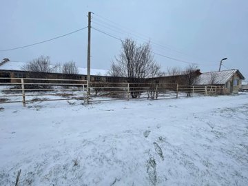 Farm building and fenced area covered in snow with leafless trees and overcast sky.