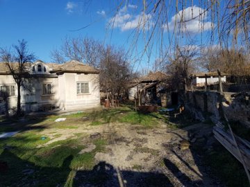 Garden area behind a single-storey house with a tiled roof, showing bare trees and open ground
