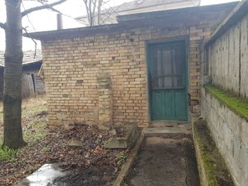 Brick outbuilding with a green wooden door located next to a garden wall and trees.