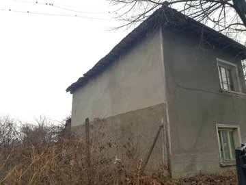 Close-up of the side wall and roof of the two-storey house with surrounding dry vegetation
