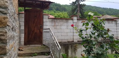 Wooden gate set in a stone wall with metal railing and forested hills visible beyond the property boundary.