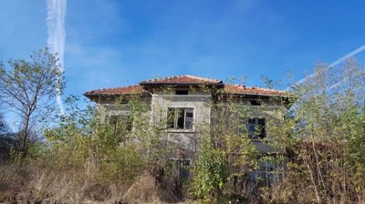 View of the two-storey Bulgarian house with a tiled roof partially obscured by dense bushes and trees in the garden.
