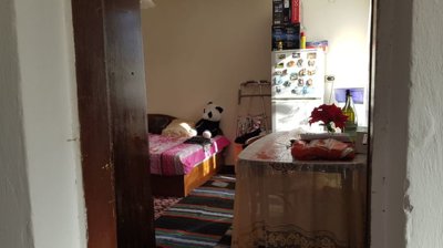 Bedroom featuring a single bed with pink bedspread and several stuffed toys placed on it