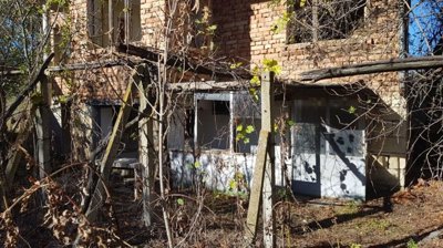 Close-up of the lower level enclosed porch area of the brick house with surrounding overgrown garden