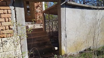 Concrete stairs leading up to the house entrance, visible through an opening in a concrete wall