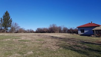 Expansive grassy land area with a house and trees visible in the distance under a clear blue sky.