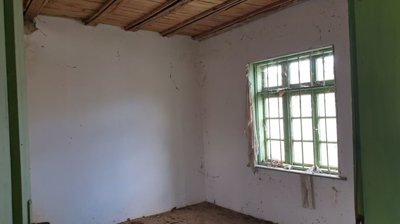 Interior view of an empty room with white walls, a green-framed window, and a wooden ceiling.