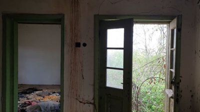 Interior view of a room containing an old blue wooden bed frame and a floor covered with dry leaves and debris.