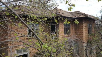 Exterior view of an old brick house with a tiled roof surrounded by leafing trees