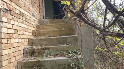 Concrete stairs partially covered with ivy and dry leaves leading to a brick house entrance