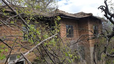 Exterior view of an old brick house with a tiled roof surrounded by leafing trees