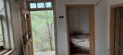 Room with an open door leading outside and large windows showing greenery, with an empty interior and wooden floor.