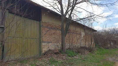 Side view of a brick building with a large green wooden door and leafless branches