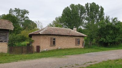 View of the small brick house with tiled roof and wooden shutters surrounded by greenery