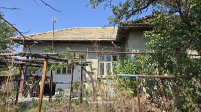 Side view of a traditional house with tiled roof and garden area with plants and dry grass