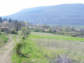 Dirt path running through fields towards village houses with forested hills in the background