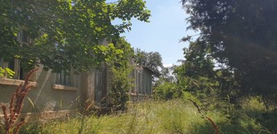 View of a single-storey building with light-colored walls and several windows, surrounded by tall grass and trees