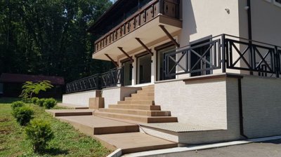 Side view showing stairs, terrace with black metal railing, and forest background