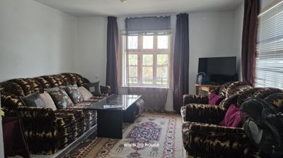Living room view showing sofas, a window with blinds, and a fan