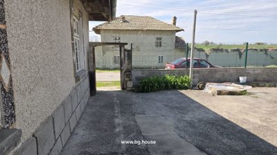 Concrete courtyard with garden plants near the open gate leading to the street