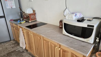 Close-up view of kitchen countertop showing sink, electric stove, microwave, and dish rack.