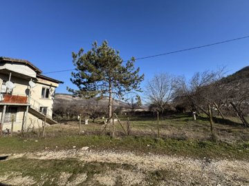 View of a fenced grassy yard featuring a pine tree and a rural house in the background under a clear blue sky.