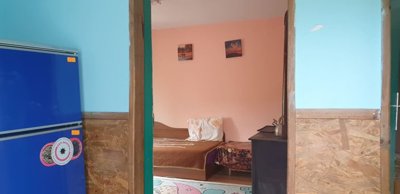 Interior room featuring a wood stove, blue refrigerator, and peach painted walls