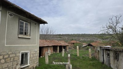Side of the house showing stone foundation, windows, and several small outbuildings in the garden