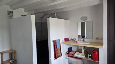 Interior of a bathroom showing a shower area, wash basin with mirror, and exposed wooden ceiling beams