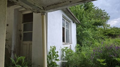 Entrance door to the yellow house with a balcony and a white outbuilding visible in the garden area.