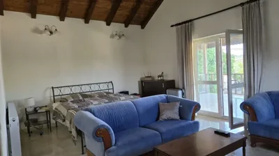 Large bedroom featuring a double bed, blue sofa set, high wooden ceiling, and glass doors leading to a balcony.