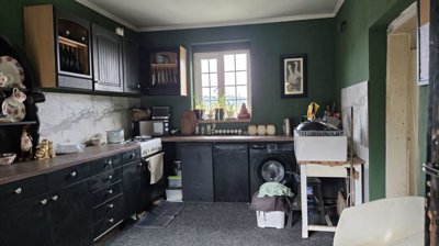 Interior kitchen featuring dark cabinets, a washing machine, microwave, and a window with plants on the sill.