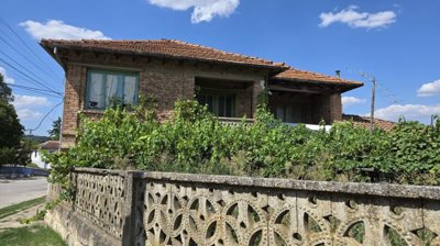 Front view of a brick house with green framed windows and grapevines growing along a decorative concrete fence