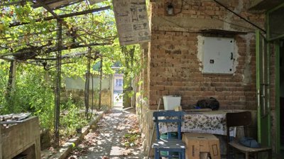 Shaded outdoor corridor beside brick house featuring a table, chairs, and grapevines overhead