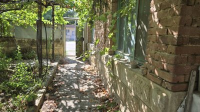 Shaded walkway beside brick house with open gate leading to street and leafy plants