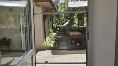 View through an open door showing a garden pathway lined with plants and stone steps.
