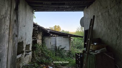 View through a covered passageway with wooden roof, showing garden area and outbuildings beyond.