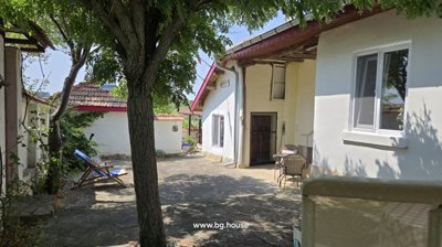 View of courtyard featuring a tree, white walls, tiled roof, and a lounge chair with blue towel.