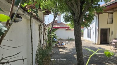Outdoor courtyard showing tree, white walls, tiled roof, and a lounge chair with blue towel.